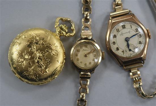 A ladies 9ct gold Zodiac wristwatch, a similar 9ct gold-cased Accurist watch and a Rotary gilt metal fob watch